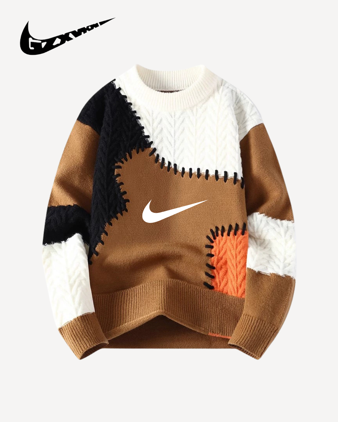 NK – Suéter Patchwork de Punto Trenzado con Cuello Redondo